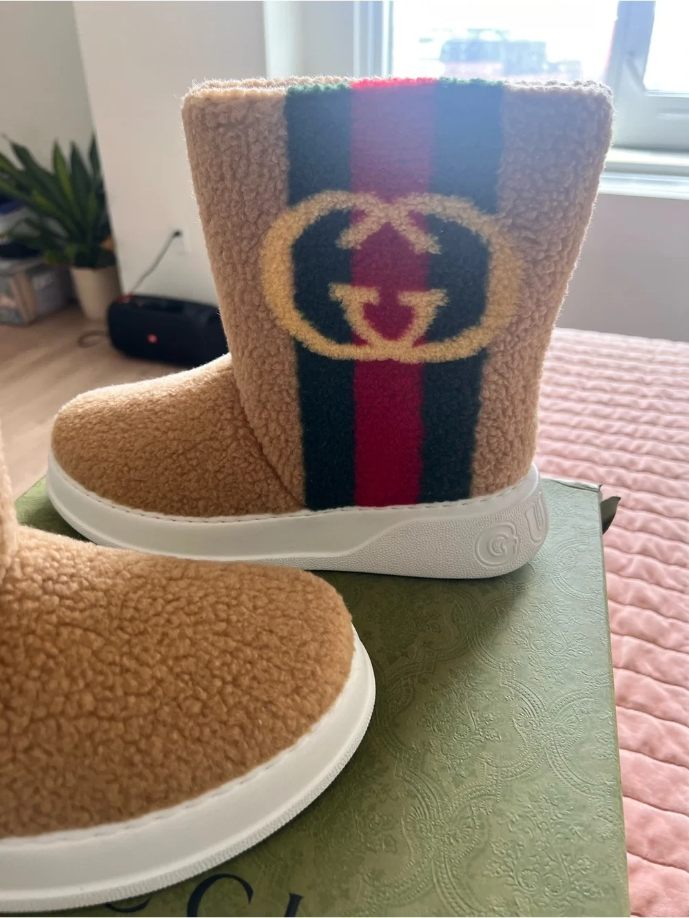 Gucci Tan Shearling Boot with Red & Green Stripe and Yellow Logo.